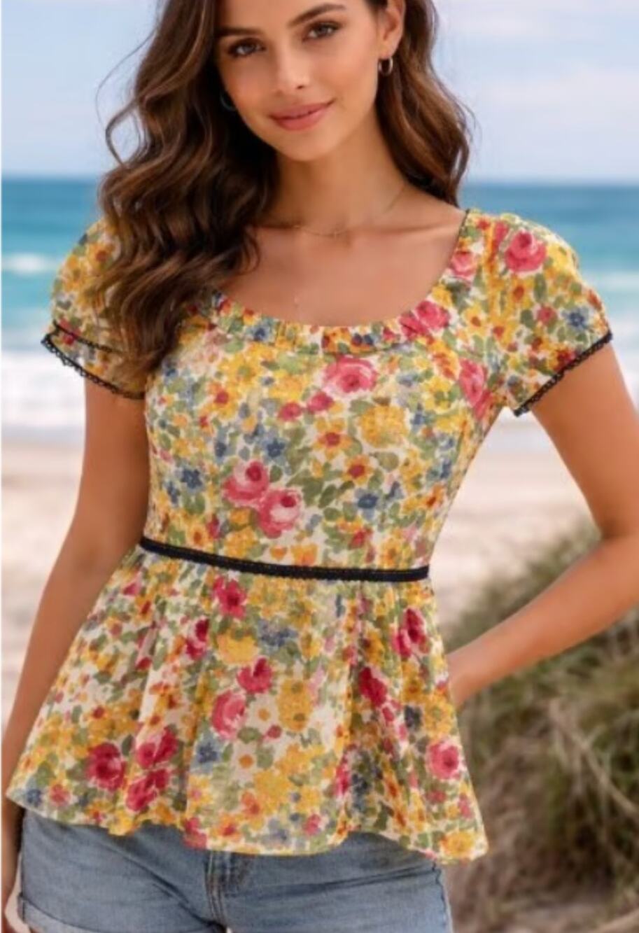 Anthropologie Odille Womens 14 Yellow Multi Floral Cotton Peplum Blouse Boho